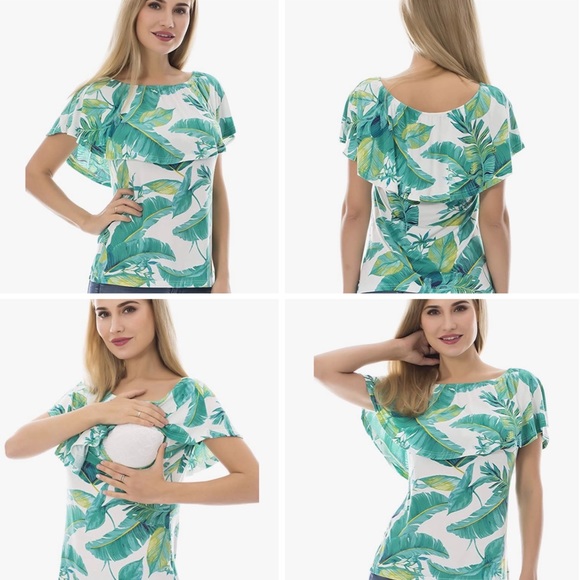 XL Maternity Nursing Top Off-The-Shoulder Banana Leaf Tropical Print BNWT - Picture 7 of 8
